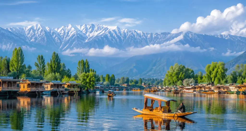 Traditional shikara boat on Dal Lake with snow-capped mountains and houseboats in Kashmir on HimalayanIndia.